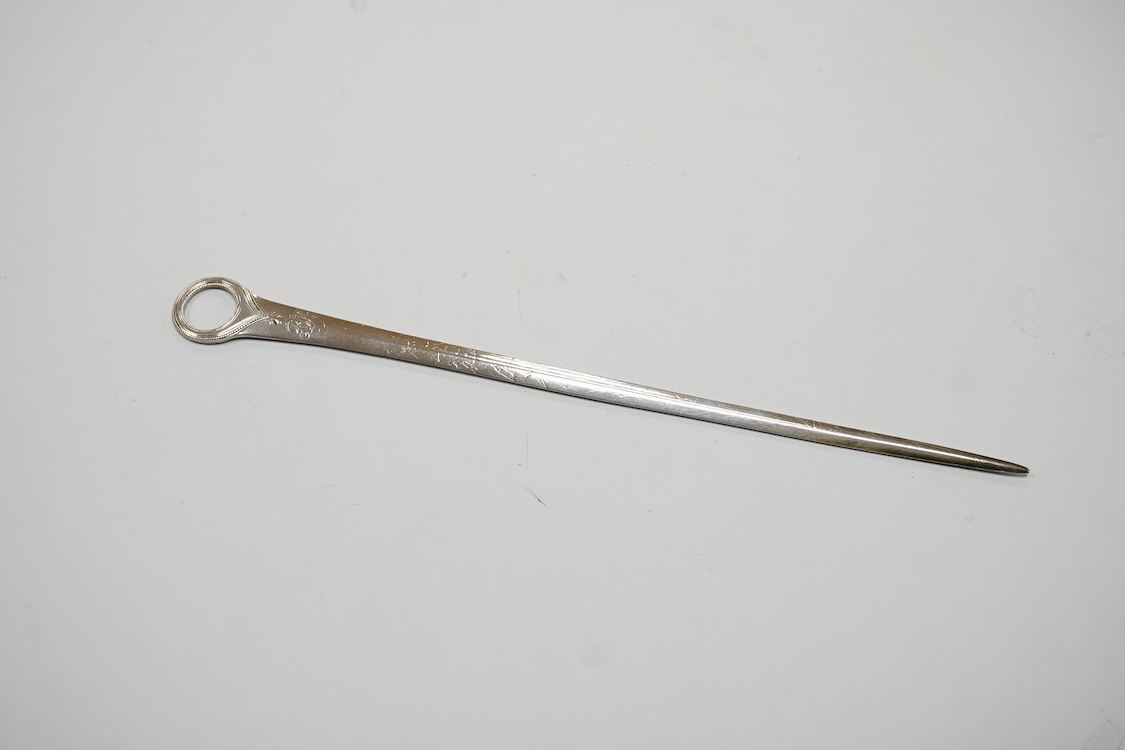 A George III silver meat skewer, with engraved monogram and beaded ring handle, William Sumner I, London, 1784, 28.5cm.